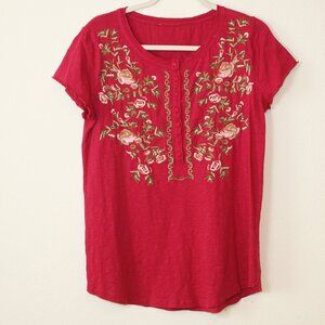 Sundance Floral Embroidered T-Shirt Top 1/2 Button Cap Sleeve Knit Bright Pink